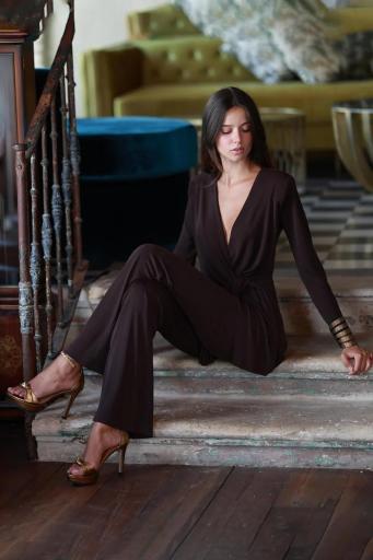 Pantalón campana marrón punto liso [1]