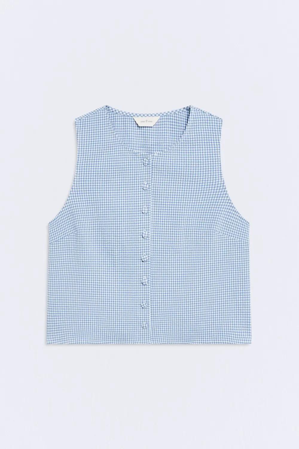 Top Bardot cuadro vichy azul empolvado