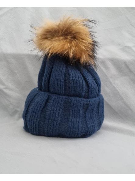 Gorro gana pompón pelo natural azul marino