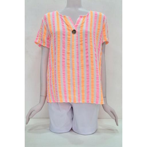 Camisa lino fluor rayas naranja-rosa [1]