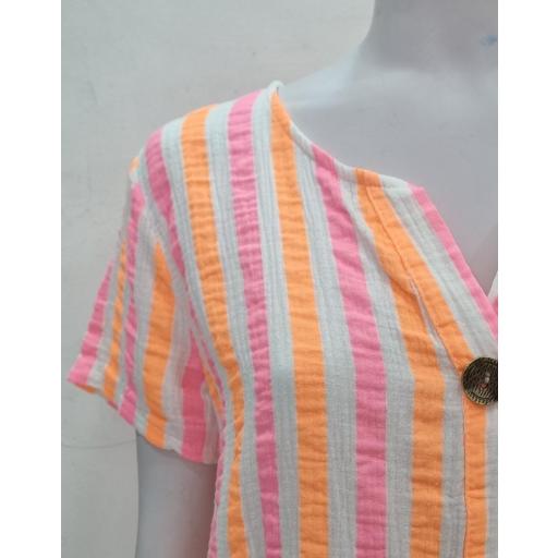 Camisa lino fluor rayas naranja-rosa