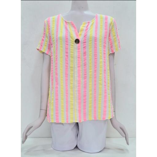 Camisa lino fluor rayas amarillo-rosa