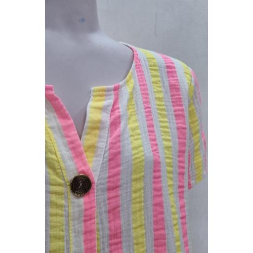 Camisa lino fluor rayas amarillo-rosa [1]