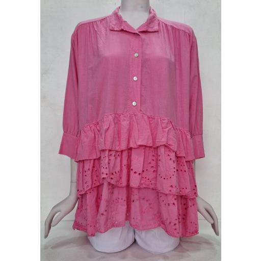 Camisa-blusón rosa flúor volantes TALLA GRANDE