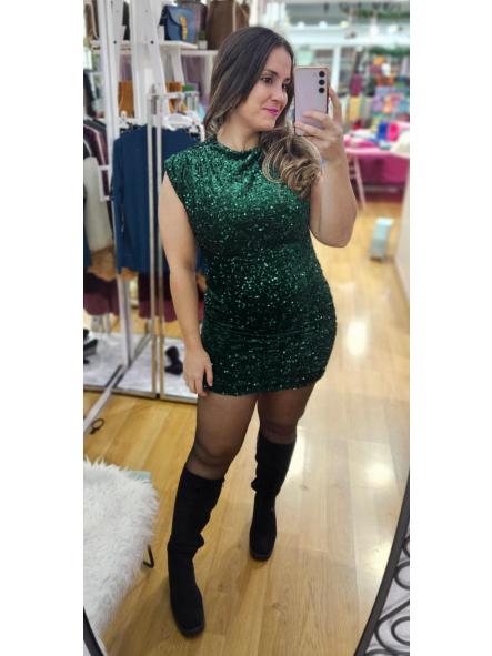 Vestido terciopelo lentejuelas hombreras verde