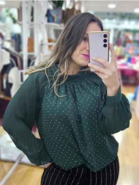 Blusa verde botella combinada plisada brillante oversize [0]