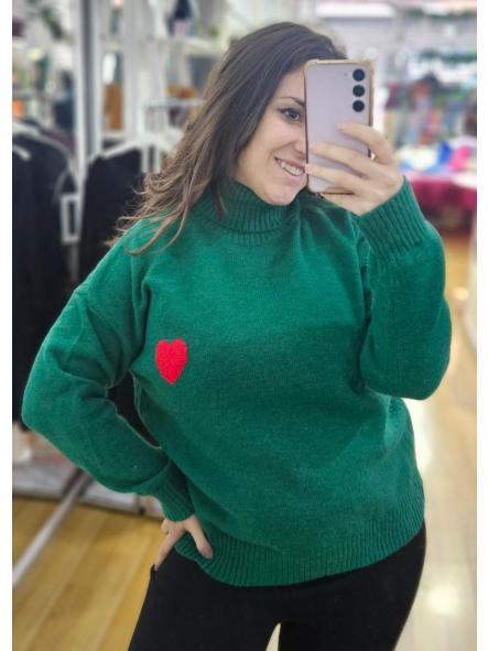 Jersey cuello alto verde corazón