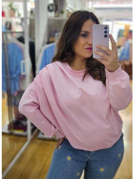 Sudadera oversize fruncido hombro rosa