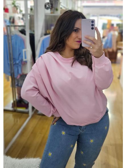 Sudadera oversize fruncido hombro rosa [1]