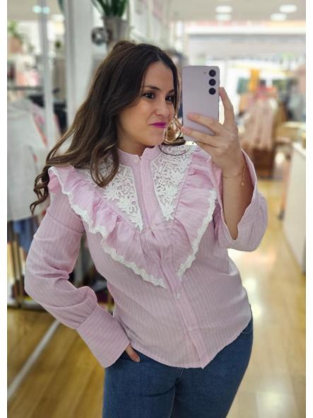 Camisa rosa rayas puntilla blanca [1]