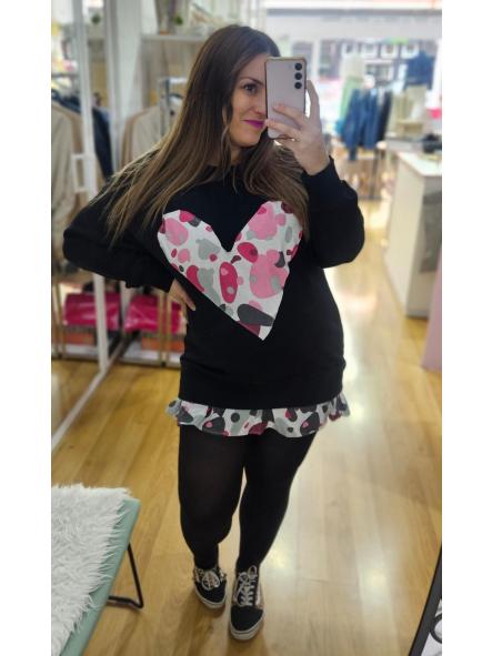 Vestido tipo sudadera negro corazón rosas [0]