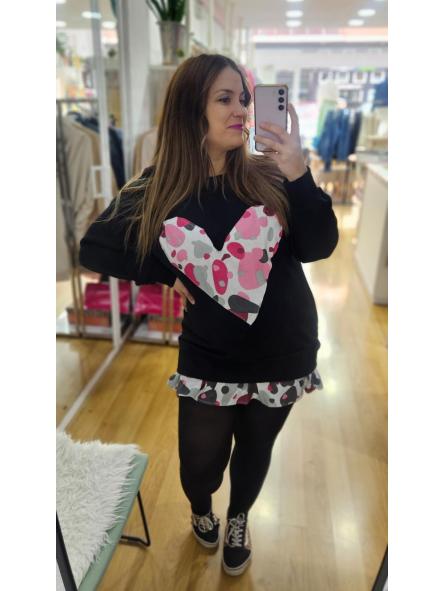 Vestido tipo sudadera negro corazón rosas [1]