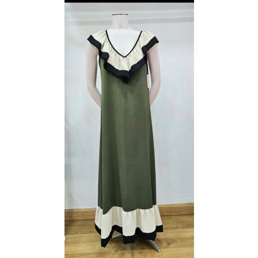 Vestido largo kaki bicolor