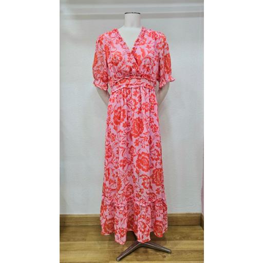 Vestido flores flúor rosa