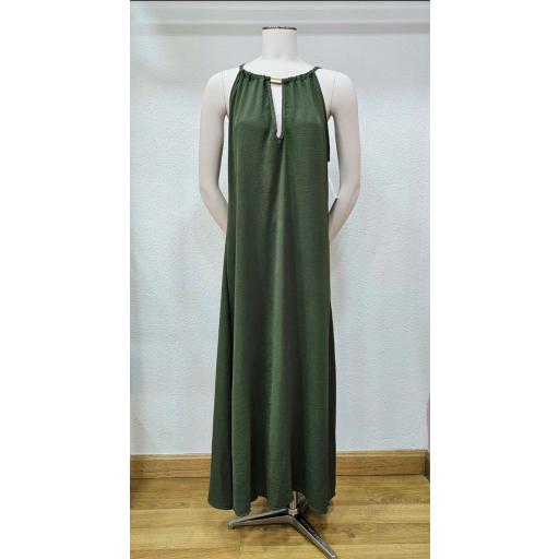Vestido largo efecto collar kaki