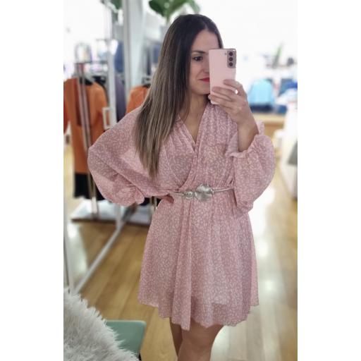 Vestido manga murciélago estampado motitas rosa [1]