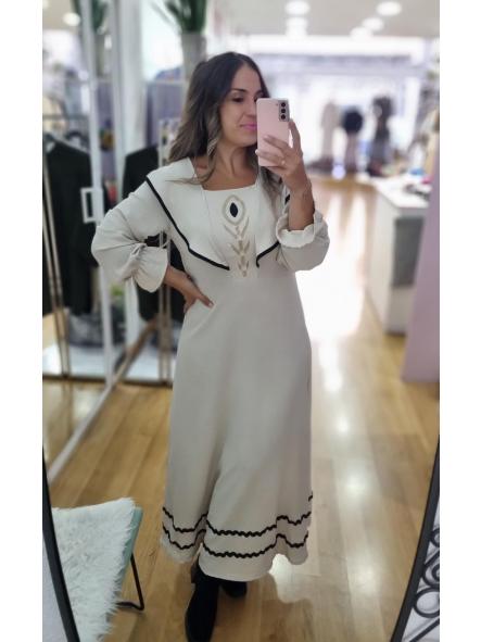 Vestido largo beige azteca volante