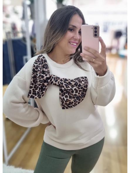 Sudadera lazo leopardo beige