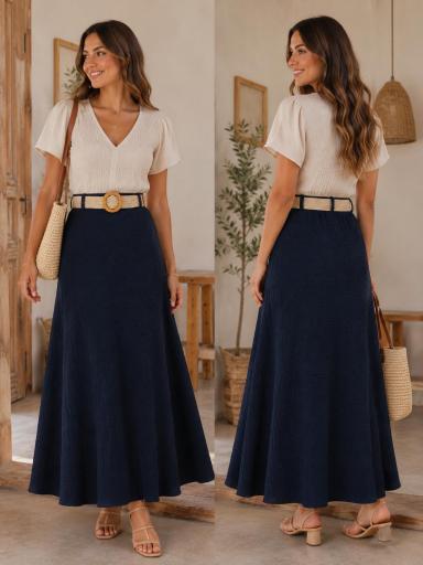 Falda larga azul marino con cinturón elástico para mujer [2]