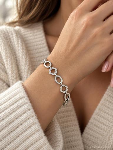 Pulsera de acero plateado con flores caladas y eslabones ovalados [0]