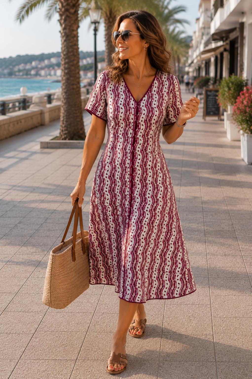 Vestido de manga corta estampado en tonos fucsia