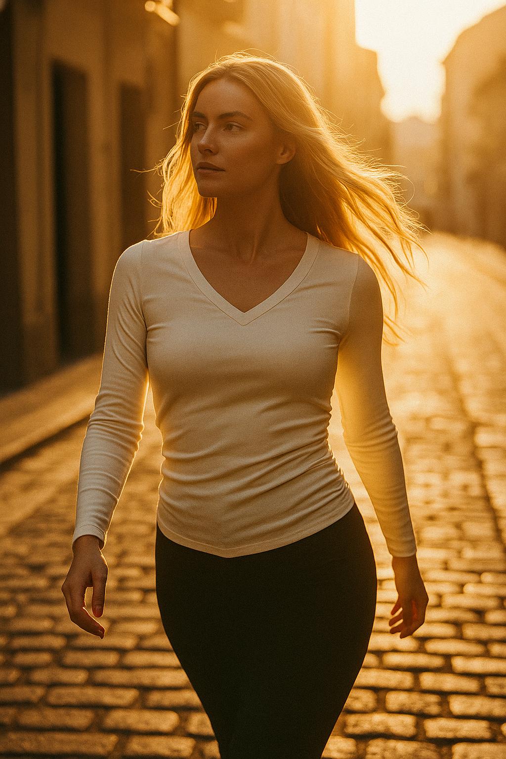 camisa manga larga ceñida mujer cuello pico