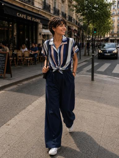 Look casual mujer con camisa de rayas y pantalón ancho [3]