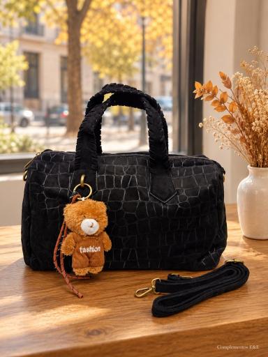 Bolso grande negro efecto ante con estampado animal print, asas trenzadas y colgante de osito [1]
