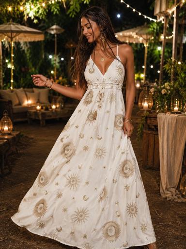 Vestido boho largo con estampado de soles y lunas para verano [3]