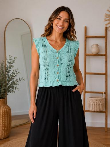 Top crochet azul mujer con volantes en hombros [1]
