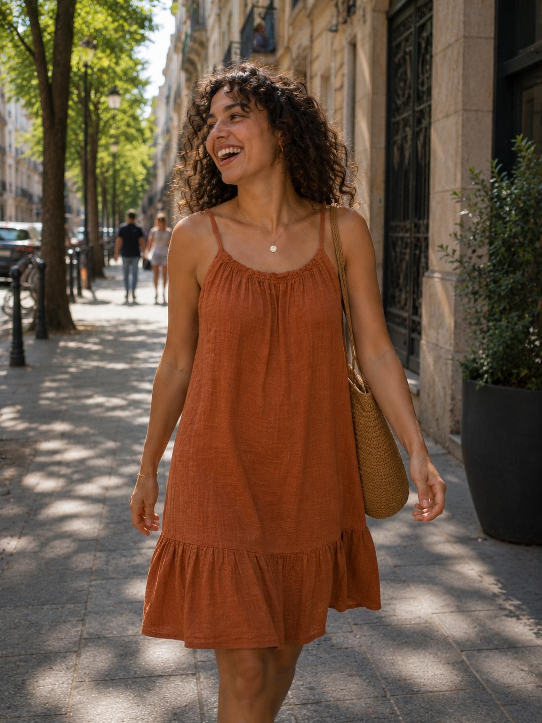 Vestido corto de tirantes color teja con vuelo para mujer