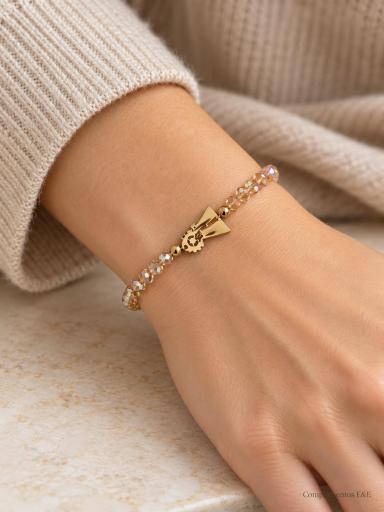 Pulsera elástica de cristal champán con reflejos irisados y Virgen de acero dorado [0]
