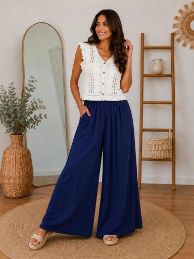 Pantalón palazzo azul marino mujer cintura elástica [0]