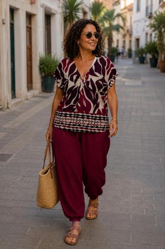 Pantalón curvy elástico en color burdeos con goma en el tobillo [0]
