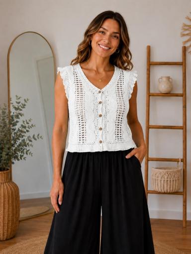 Top crochet blanco mujer con botones delanteros [0]