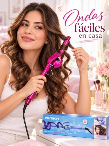 Mujer utilizando rizador de pelo PRITECH fucsia para crear rizos [1]