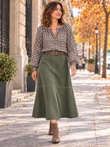 Falda larga efecto ante verde con cinturón para mujer [2]