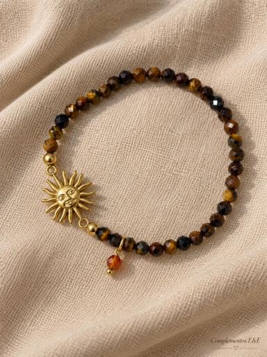 sol dorado con rostro y cuentas de cristal marrón facetado de una pulsera elástica [1]