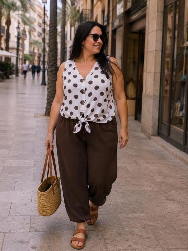 Camiseta blanca de lunares marrones con nudo para mujer [1]