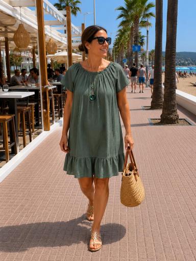 Vestido verde cómodo y fresco para mujer con bolso de rafia [2]