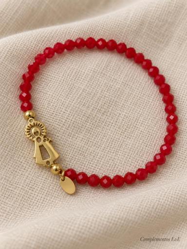 Pulsera elástica de cristales rojos con Virgen del Pilar en acero dorado