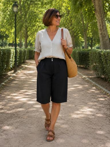 Camisa beige de manga corta con botones delanteros [0]