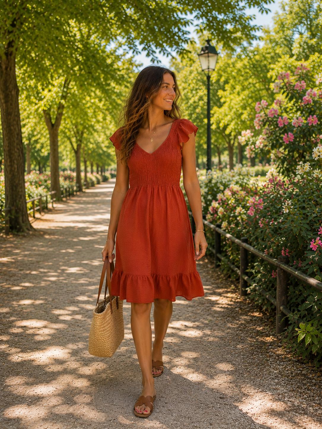Vestido corto teja con escote en pico y mangas con volante