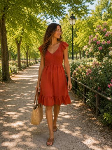 Vestido corto teja con escote en pico y mangas con volante [0]