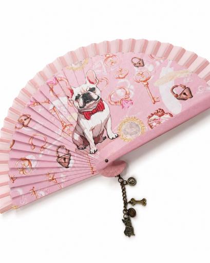 Abanico plegable rosa con perro y colgantes metálicos [1]