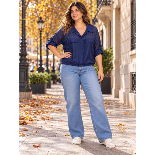 Camisa mujer azul marino con manga recogible [1]