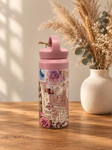 Botella termo 350 ml rosa con estampado floral y urbano [2]