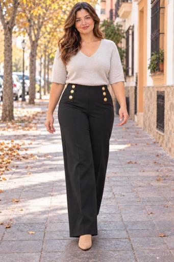 Pantalón ancho negro de mujer con tiro alto y botones dorados [1]