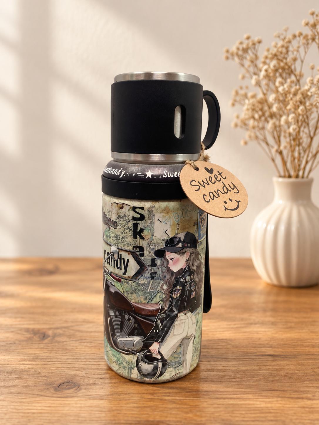 Botella termo Sweet Candy negra 750 ml con taza