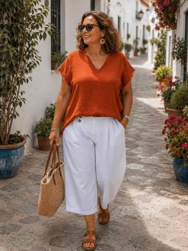 Camiseta curvy teja con escote en pico y tachuelas doradas [1]
